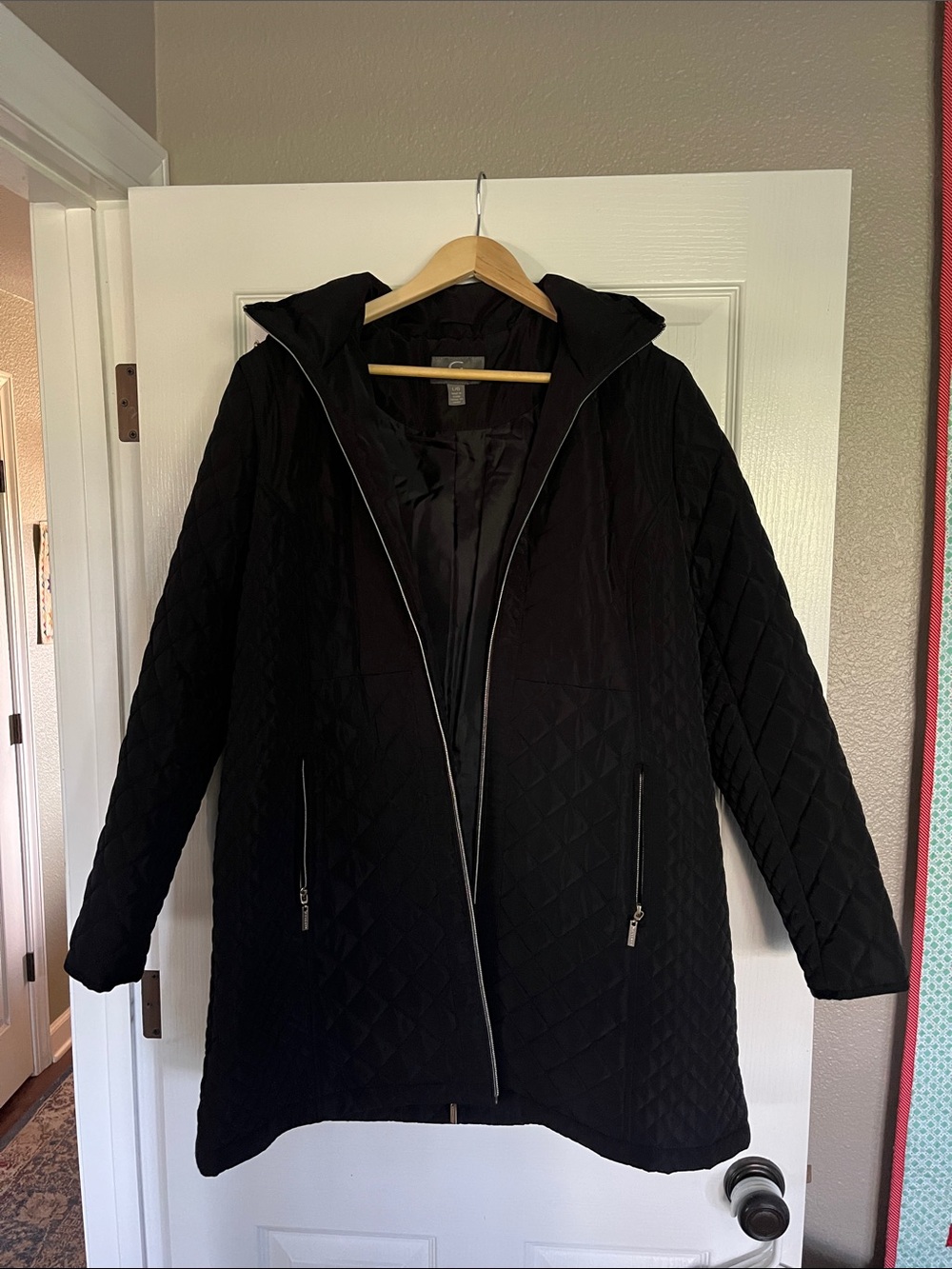 Gallery Black Quilted Mid-Length Puffer Coat with Gold Zipper - Picture 2 of 3